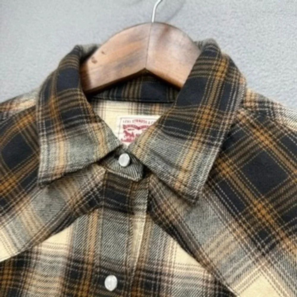 Levi Strauss Western Flannel Shirt Mens S Brown Plaid Pearl Snap Workwear Cotton